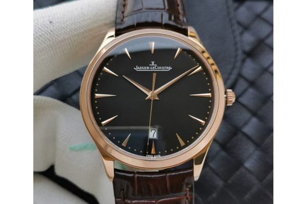 Replica Jaeger-LeCoultre Master Ultra Thin Date 1282510 RG ZF 1:1 Best Edition Black Dial on Brown Leather Strap A899/1