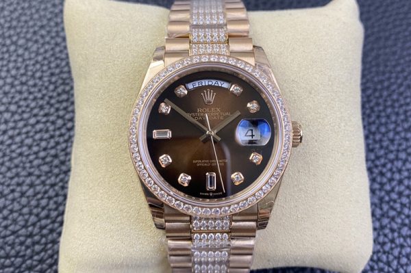 Replica Rolex Day-Date 36 128235 RG/Crystal EW Best Edition Brown Crystal Marker Dial on RG President Bracelet SA3255