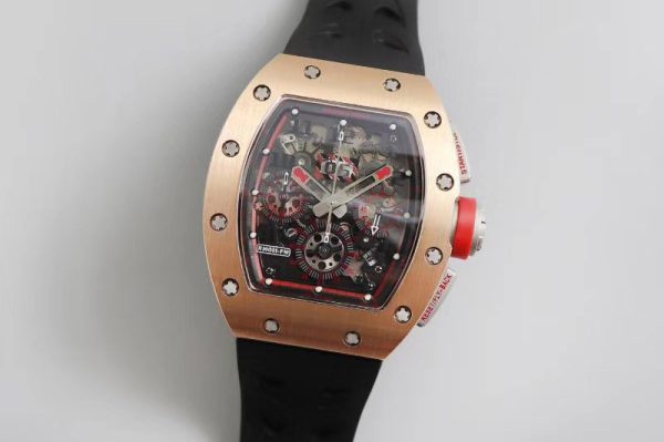 Replica Richard Mille RM011-FM Chronograph Rose Gold Case KVF 1:1 Best Edtion Crystal Skeleton Dial On Black Rubber Strap A7750