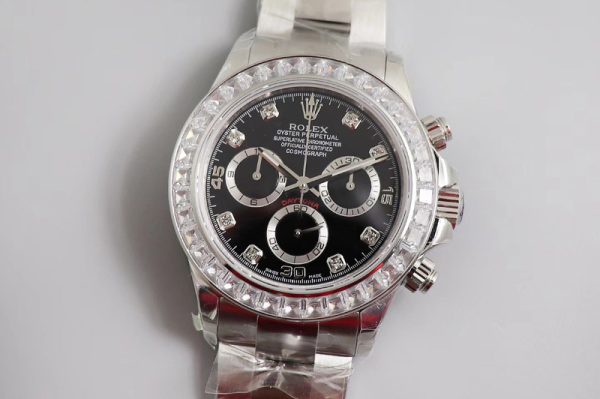 Replica Rolex Daytona SS JHF Best Edition Black Dial Diamonds Bezel on SS Bracelet A4130