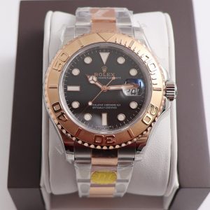 Replica Rolex Yacht-Master 116621 D1F Black Dial on Rose Gold Wrapped SS/RG Bracelet A2836