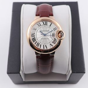 Replica Cartier Ballon Bleu 33mm RG AF 1:1 Best Edition White Textured Dial on Brown Croco Leather Strap Cal.076