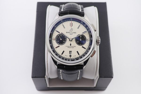 Replica Breitling Premier B01 Chronograph 42 Steel Watch GF Best Edtion in White Dial and Black Leather With A7750