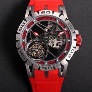 Replica Roger Dubuis Excalibur Sports Tourbillon SS JBF Best Edition Skeleton Red Dial on Red Rubber Strap A2136 Tourbillon