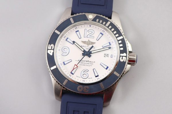 Replica Breitling Superocean Automatic 44 TF 1:1 Best Edition White Dial Blue Bezel on Blue Rubber Strap A2824