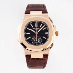 Replica Patek Philippe Nautilus 5980 RG 3KF Best Edition Black Dial on Brown Leather Strap A7750