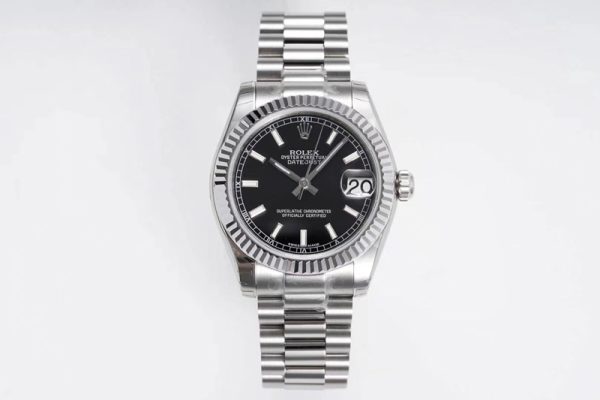 Replica Rolex Datejust 31mm 178274 SS GSF Best Edition Black Stick Markers Dial on SS President Bracelet SEIKO NH05A