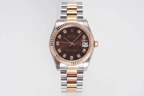 Replica Rolex Datejust 31mm 178274 SS/YG GSF Best Edition Brown Crystal Markers Dial on SS/YG President Bracelet SEIKO NH05A