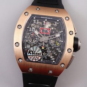 Replica Richard Mille RM011 RG Chrono KVF 1:1 Best Edition Crystal Dial Black on Black Rubber Strap A7750