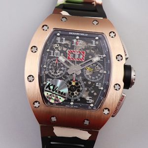 Replica Richard Mille RM011 RG Chrono KVF 1:1 Best Edition Crystal Dial Black on Green Camo Rubber Strap A7750