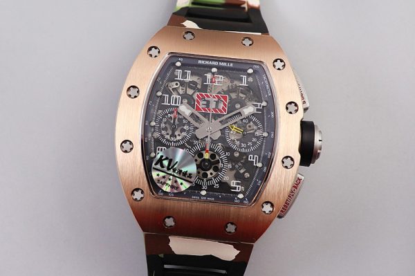 Replica Richard Mille RM011 RG Chrono KVF 1:1 Best Edition Crystal Dial Black on Green Camo Rubber Strap A7750