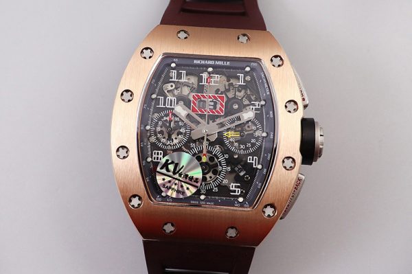 Replica Richard Mille RM011 RG Chrono KVF 1:1 Best Edition Crystal Dial Black on Brown Rubber Strap A7750
