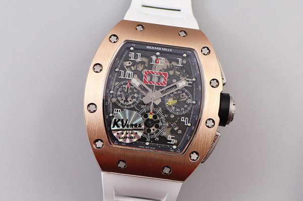 Replica Richard Mille RM011 RG Chrono KVF 1:1 Best Edition Crystal Dial Black on White Rubber Strap A7750