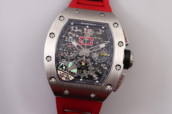 Replica Richard Mille RM011 SS Chrono KVF 1:1 Best Edition Crystal Dial Black on Red Rubber Strap A7750