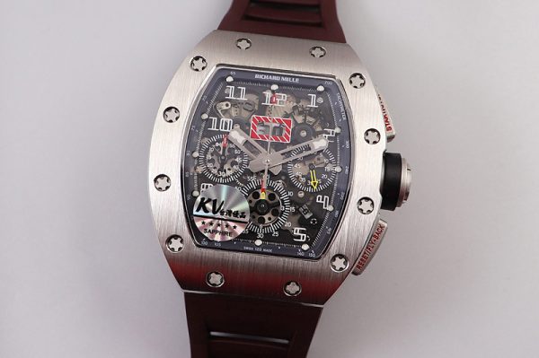 Replica Richard Mille RM011 SS Chrono KVF 1:1 Best Edition Crystal Dial Black on Brown Rubber Strap A7750
