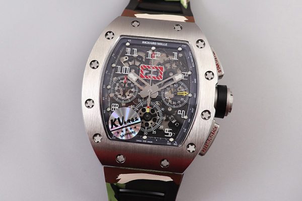 Replica Richard Mille RM011 SS Chrono KVF 1:1 Best Edition Crystal Dial Black on Green Camo Rubber Strap A7750