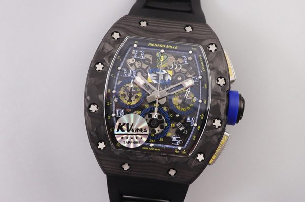 Replica Richard Mille RM011 NTPT Chrono SS Case KVF 1:1 Best Edition Crystal Dial Blue on Black Rubber Strap A7750
