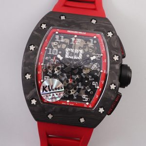 Replica Richard Mille RM011 NTPT Chrono PVD Case KVF 1:1 Best Edition Crystal Dial Red on Red Rubber Strap A7750