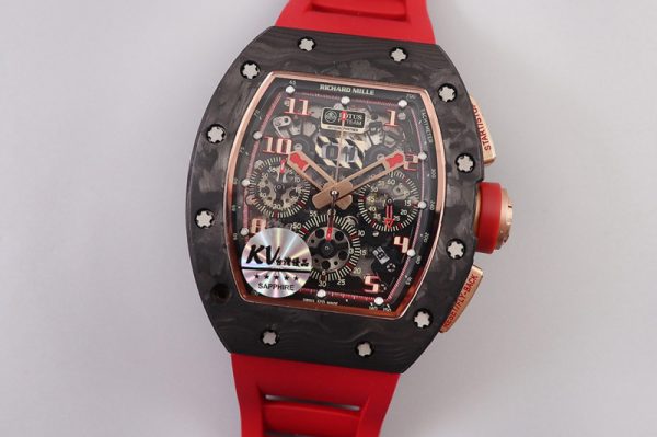 Replica Richard Mille RM011 NTPT Chrono RG Case KVF 1:1 Best Edition Crystal Dial Red on Red Rubber Strap A7750