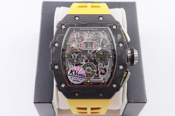 Replica Richard Mille RM011 NTPT Chrono KVF 1:1 Best Edition Crystal Dial on Yellow Rubber Strap A7750