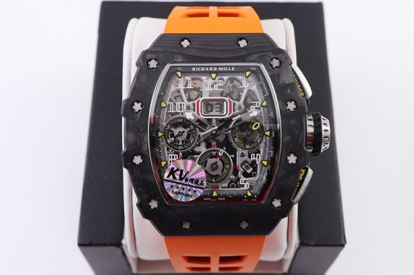 Replica Richard Mille RM011 NTPT Chrono KVF 1:1 Best Edition Crystal Dial on Orange Rubber Strap A7750