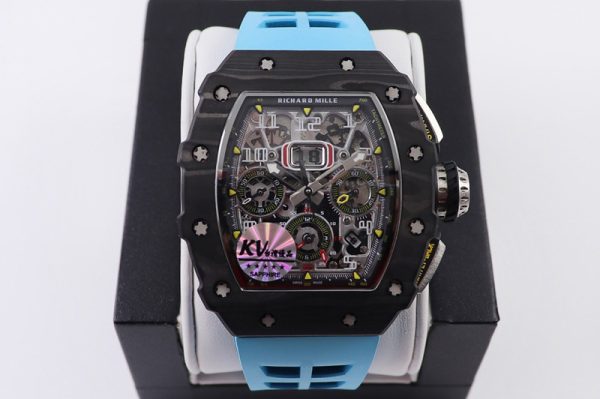 Replica Richard Mille RM011 NTPT Chrono KVF 1:1 Best Edition Crystal Dial on Blue Rubber Strap A7750