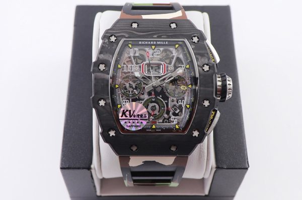 Replica Richard Mille RM011 NTPT Chrono KVF 1:1 Best Edition Crystal Dial on Green Camo Rubber Strap A7750