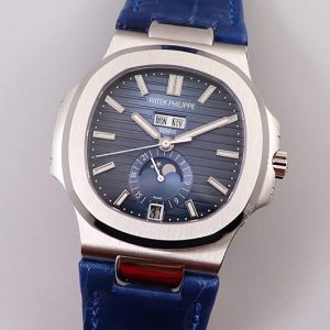 Replica Patek Philippe Nautilus 5726 Complicated SS GRF 1:1 Best Edition Blue Textured Dial on Blue Leather Strap A324