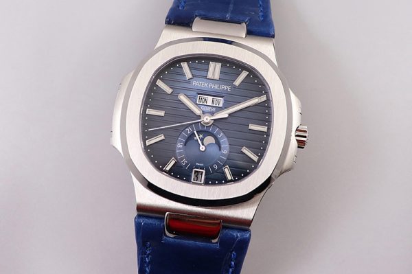 Replica Patek Philippe Nautilus 5726 Complicated SS GRF 1:1 Best Edition Blue Textured Dial on Blue Leather Strap A324