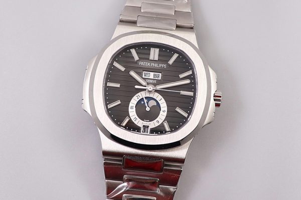 Replica Patek Philippe Nautilus 5726 Complicated SS GRF 1:1 Best Edition Black Textured Dial on SS Bracelet A324