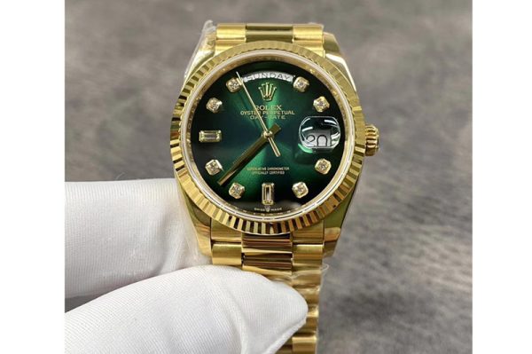 Replica Rolex Day-Date 36 YG 128238 EWF Best Edition Green Gradient Dial Crystal Markers on President Bracelet A3255